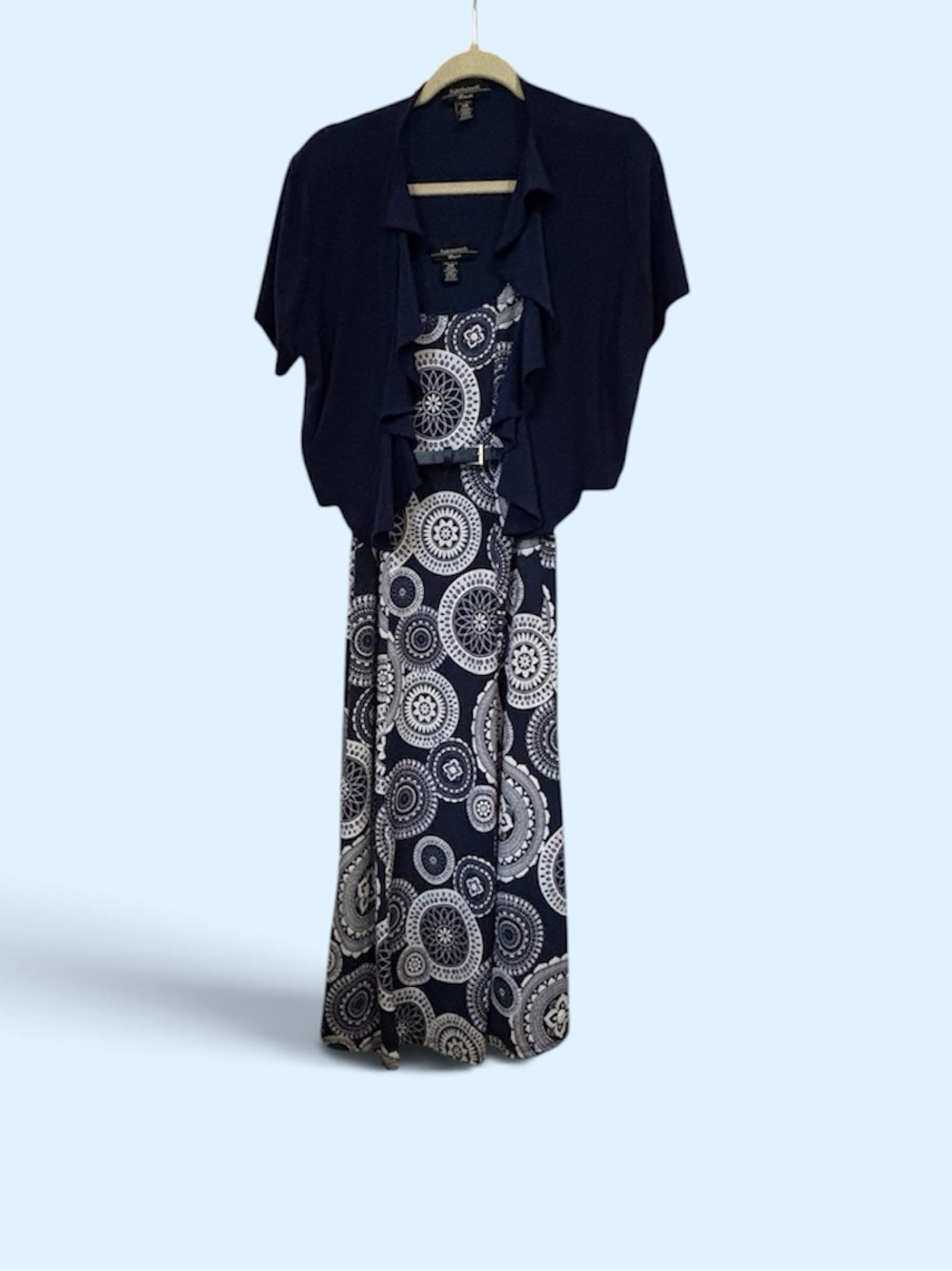 R&M Richards Navy Patterned Maxi Dress with Navy Cardigan